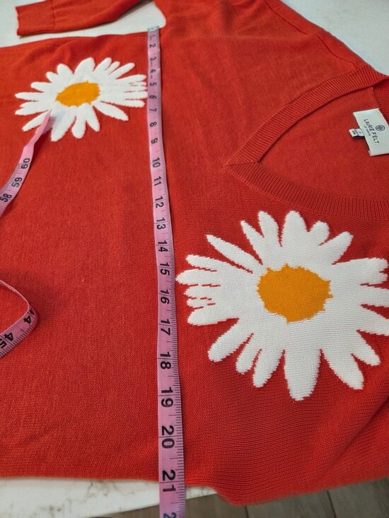 Laurie Felt Daisy Print V-Neck Orange Sweater Tunic Small Flower Power 70s Retro - Picture 9 of 12